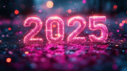 Neon-style 2025 numbers in bold pink on a deep purple background with soft confetti accents and glowing lights in the distance