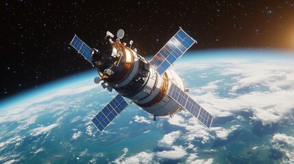 Fototapeta premium A satellite floating in the vastness of space, detailed with solar panels and antennas. Below, visible, showing vibrant blue oceans, swirling white clouds, and hints of green and brown continents.