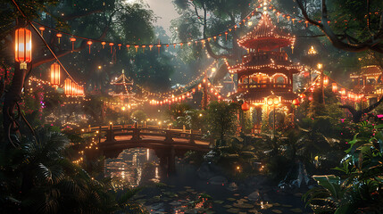 Enchanting Carnival in the Heart of a Lush Jungle with Twinkling Lights and Vibrant Decorations, Creating a Magical Atmosphere for Festivities