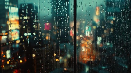 Fototapeta premium Urban night view with rain-soaked window showcasing city lights and reflections in a vibrant atmosphere