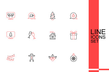 Set line Christmas ball, Branch viburnum, Holiday gingerbread man cookie, Carnival garland with flags, Gift box, Merry house, Glass of champagne and tree icon. Vector