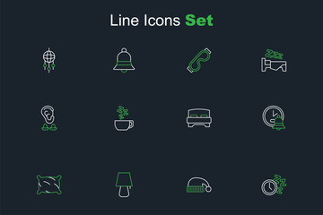 Set line Alarm clock, Sleeping hat, Table lamp, Pillow, Big bed, Chamomile tea and Earplugs and ear icon. Vector