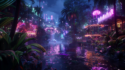 Carnival Extravaganza in the Heart of a Lush Jungle Surrounded by Vibrant Lights and Mystic Waterways at Nighttime