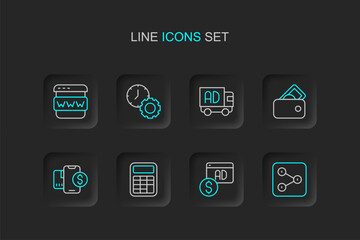 Set line Share, Advertising, Calculator, Mobile with dollar, Wallet money, truck, Time management and Browser window icon. Vector