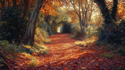 Fototapeta premium Colorful autumn pathway surrounded by trees in a quiet forest during golden hour