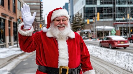 A cheerful Santa Claus waves to passersby on a snowy street, embodying the festive spirit of the holiday season.