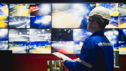 Engineers are inspecting the CCTV operating system of an office.