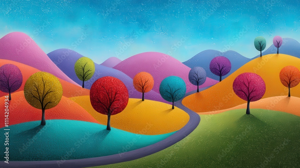 Poster Lush green valley surrounded by rainbow-colored trees