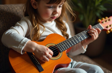 Fototapeta premium Child playing toy guitar, young musician play music in playroom. AI Generative