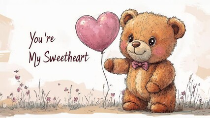 A greeting card featuring a teddy bear holding a heart-shaped balloon with the message, You are my sweetheart