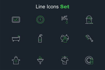 Set line Dishwashing bottle and plate, Drying clothes, Washbasin, Kitchen apron, Brush for cleaning, Sponge, Antibacterial soap and Bathtub icon. Vector
