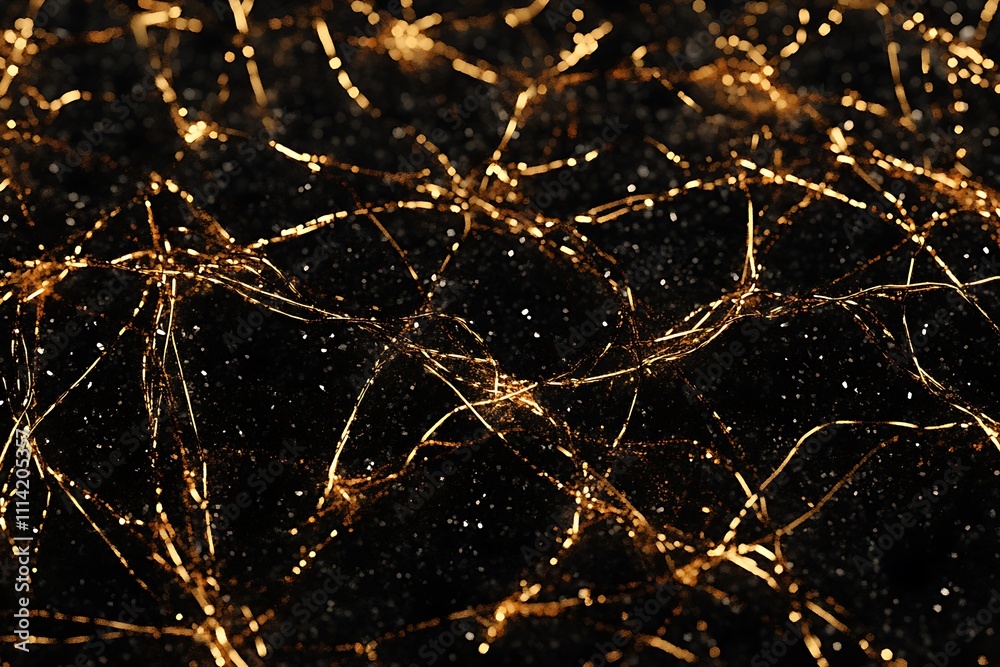 Poster abstract gold lines and particles on black background.