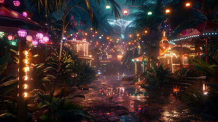 Vibrant Carnival Scene Amidst Lush Jungle Featuring Colorful Lights and Tropical Flora