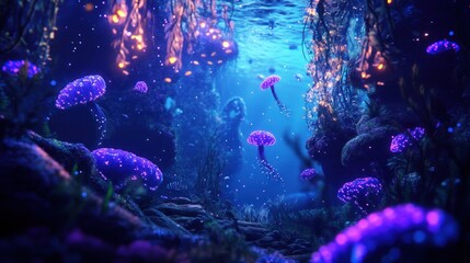 A surreal underwater scene with glowing sea creatures.