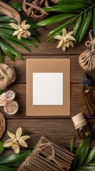 Organic beauty products arranged artfully on an old wooden branch with fresh flowers and leaves, creating a fresh and natural aesthetic