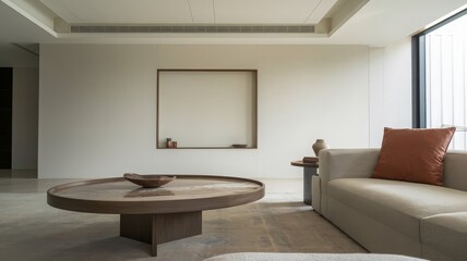 Modern Minimalist Living Room with Elegant Furniture and Natural Aesthetics. Explore this serene modern living room showcasing minimalist design, featuring a round wooden coffee table and pl...