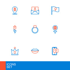 Set line Mobile with heart, Smiling lips, King crown, International Women Day, Flower tulip, Diamond engagement ring, Feminist activist and Envelope 8 March icon. Vector