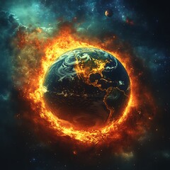 Fiery glow surrounds earth amid chaotic and vibrant cosmic explosion picture