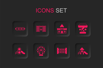 Set Ferris wheel, Swedish wall, Education logic game, Attraction carousel, Slide playground, Sand castle and icon. Vector