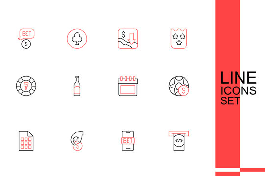 Set line Automated teller machine and money, Online sports betting, Hand holding casino chips, Lottery ticket, Football, Calendar, Bottle of wine and Casino icon. Vector