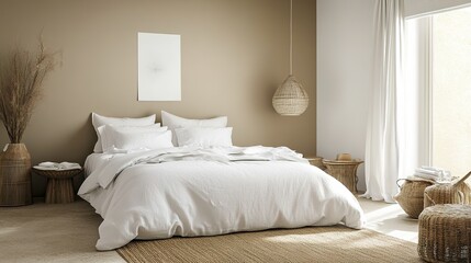 Minimalist beige bedroom interior with cozy white bedding