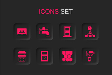 Set Window in room, Water tap, Worker safety helmet, Roof tile, Crane hook, Paint roller brush, Closed door and Chimney icon. Vector