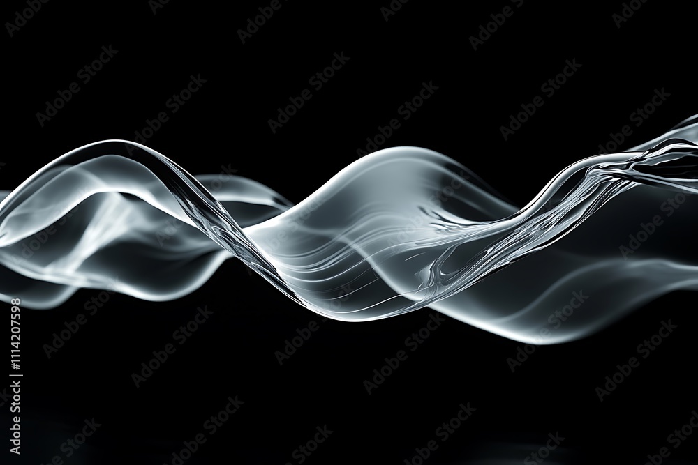 Poster abstract grayscale flowing wave design on black background.