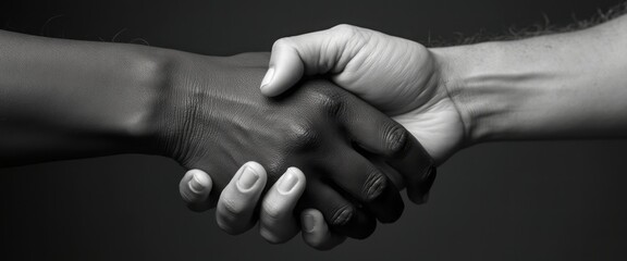 In a striking monochrome image, two hands&mdash;one dark and one light&mdash;grasp each other firmly in a handshake, symbolizing unity and collaboration. The contrast between the skin tones highlights the