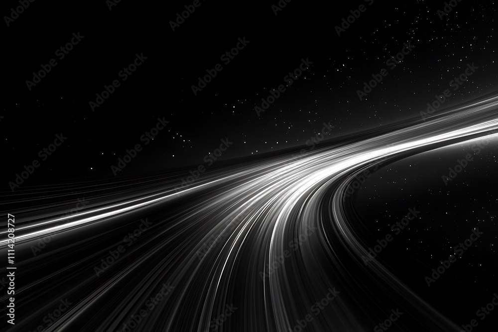 Poster abstract grayscale light streaks curve across black background.