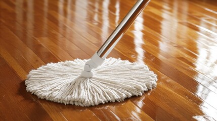 03120730 201 A person mopping the floor as part of their daily housework routine, with a clean and organized living room, showcasing efficient cleaning techniques and a spotless home