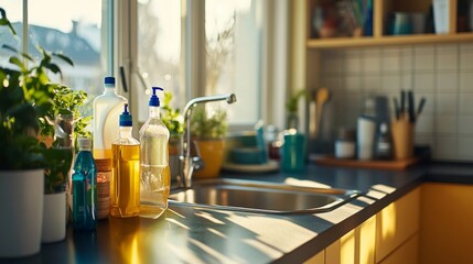 03120730 171 A clean and organized home with disinfecting products, neatly stored in cabinets, promoting a hygienic environment for housework and maintaining cleanliness in every corner