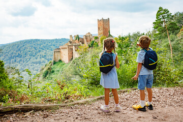 Scenic view of ancient castle ruin Saint-Ulrich with lush forest