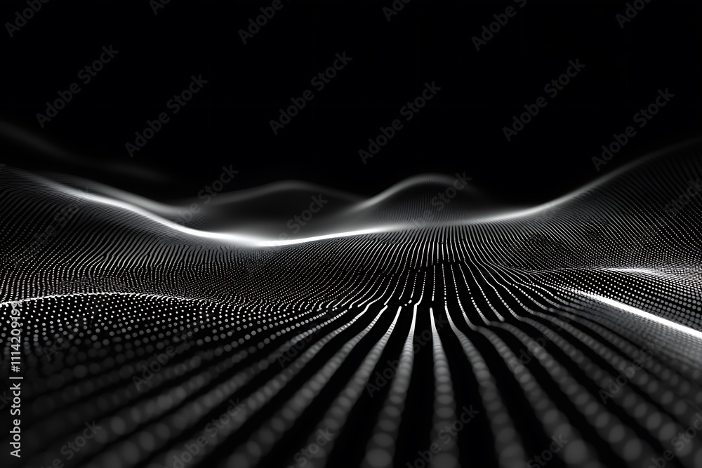 Poster Abstract grayscale wave pattern of dots and lines on black background.