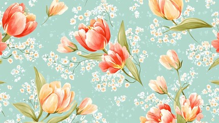 Bright and colorful tulips with delicate baby breath flowers on a mint green background