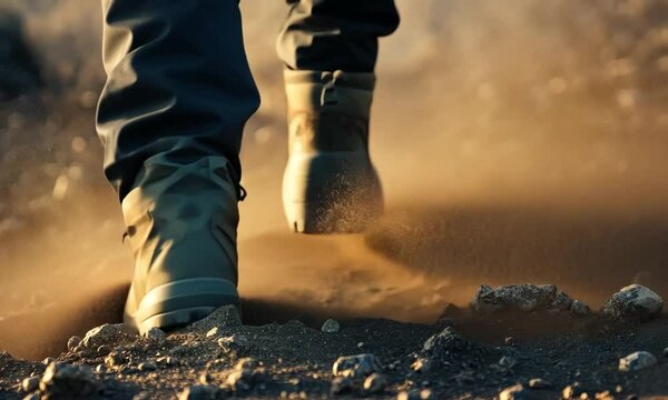 a person is walking in place, on the sand, wearing close up boots