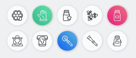 Set line Cutter roll for honey, Jar of, Beekeeper with protect hat, Beekeeping knife, Bees, and Bread icon. Vector