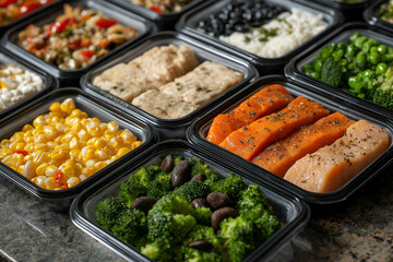 Array of meal prep containers with healthy ingredients, appealing to readers interested in balanced, portioned meals, Food photography