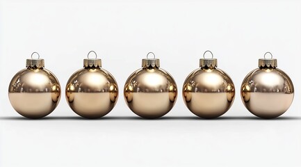 A row of five golden Christmas ornaments. The ornaments are all the same size and shape