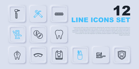 Set line Toothbrush with toothpaste, Dental protection, Toothache painkiller tablet, and, Medical dental chair, Safety goggle glasses, mirror probe and Calendar icon. Vector