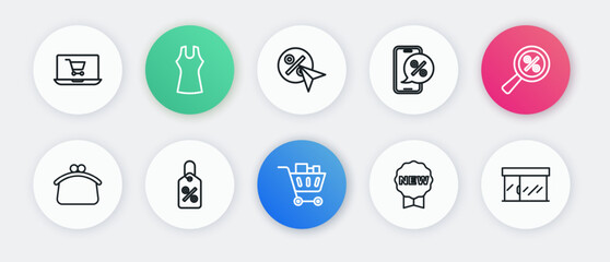 Set line Shopping cart and food, Magnifying glass with percent, Wallet, Price tag New, Percent discount on phone, Discount, Market store and icon. Vector