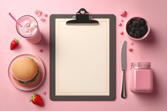 a Valentines day party poster on a pink background, diner food, clipboard, menu on clipboard, burger, milkshake, on a pink background. Flat lay composition for restaurant and cafe design,