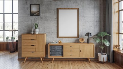 Stylish Modern Living Room with Wooden Furniture and Large Windows. A beautifully designed living room featuring sleek wooden furniture, large windows, and a minimalist aesthetic, perfect fo...