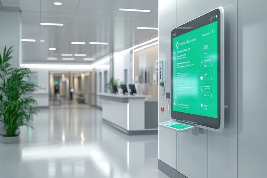 Interactive digital information display modern hospital lobby digital signage clean environment wide angle view healthcare technology