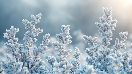 Frosty Plant Scene with Delicate Ice Crystals and Soft Background
