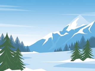 Fototapeta premium Winter Mountain Landscape With Evergreen Trees