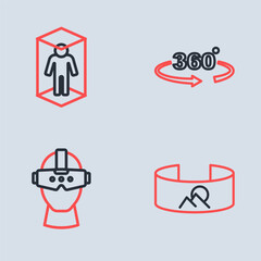 Set line 360 degree view, Virtual reality glasses, and 3d modeling icon. Vector