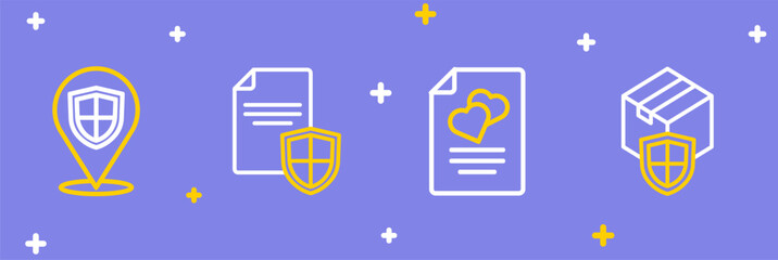 Set line Delivery security with shield, Marriage contract, Contract and Location icon. Vector