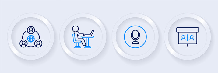 Set line Video chat conference, Microphone, Freelancer and Meeting icon. Vector