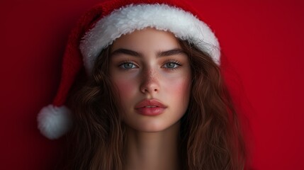 A woman with a red hat and a red background. She has a red nose and a red face