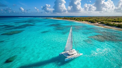 Obraz premium Catamaran glides through turquoise waters off a serene tropical coastline